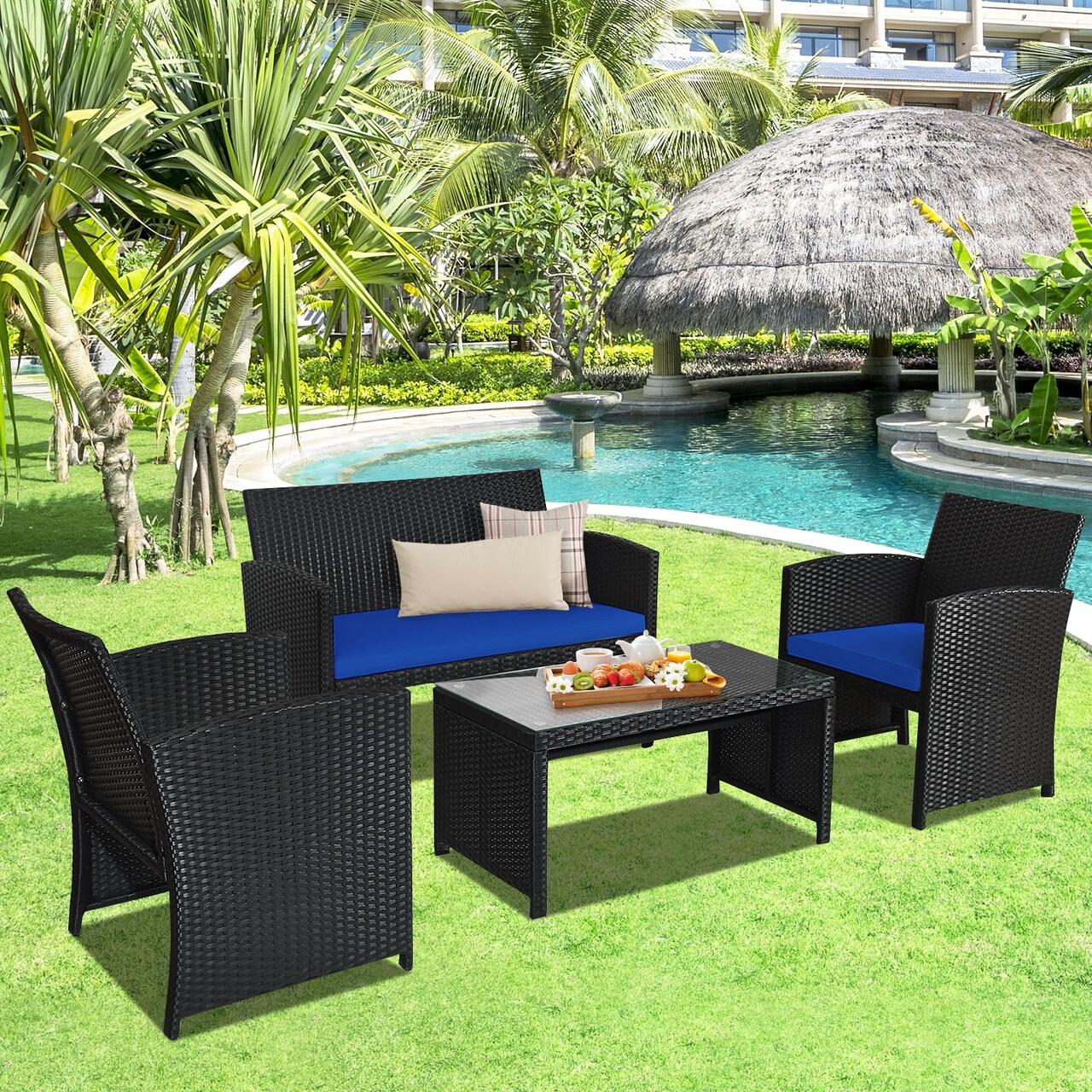 4 Pcs Wicker Conversation Furniture Set Patio Sofa and Table Set